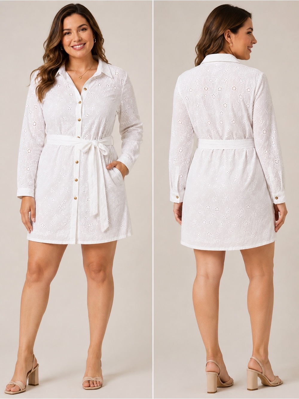 ZARA White Eyelet Embroidered Belted Shirt Dress Size L